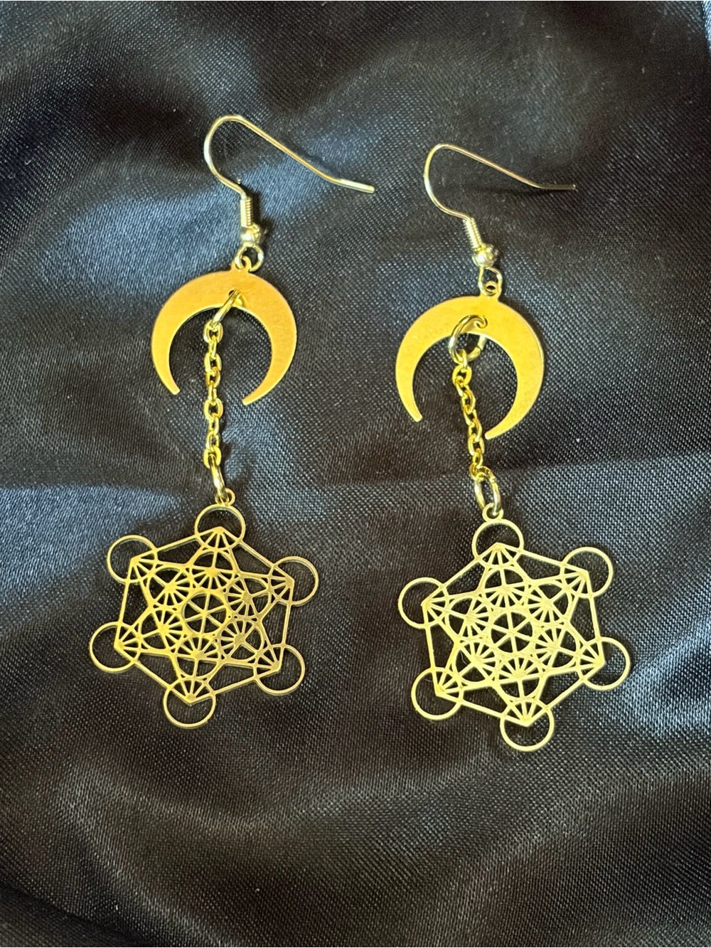 Gold Crescent & Sacred Geometry Metatron Drop Earrings
